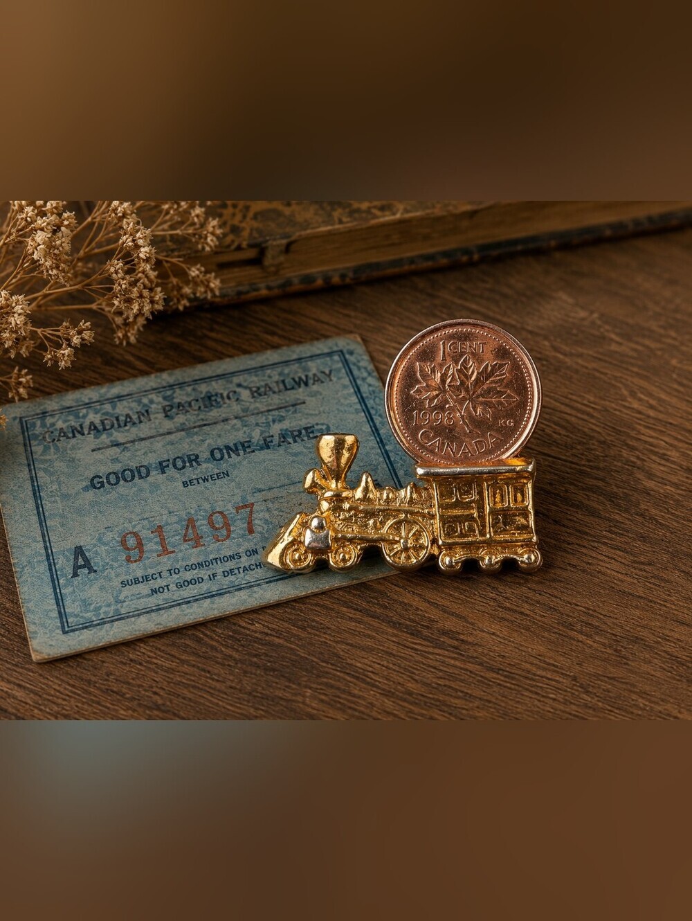Vintage Miniature Steam Train Figurine with Canadian Penny Display – Gold Tone